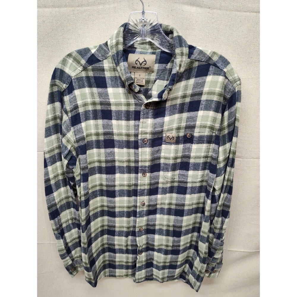 Realtree Mens Small Green Navy Blue Plaid Flannel Button Down Shirt 100% Cotton